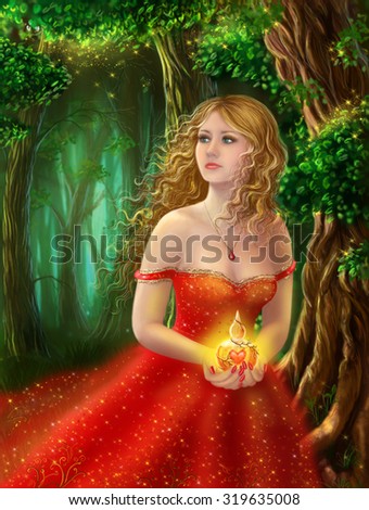 Love potion. fantasy woman in red dress