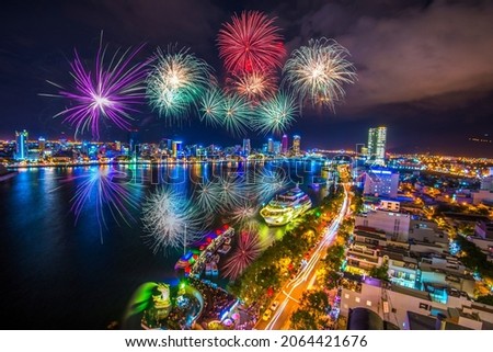 Da Nang city fires fireworks to welcome the lunar new year Stok fotoğraf © 