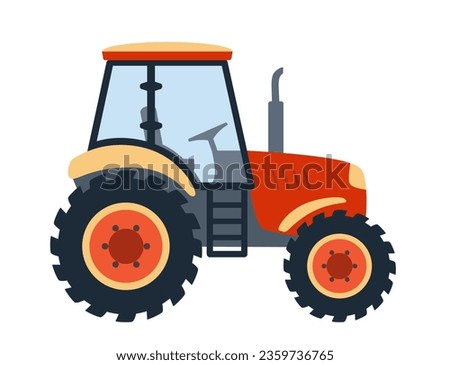 Vector tractor on white background, flat isolated illustration of red tractor, icon of farm transport, vector art for children