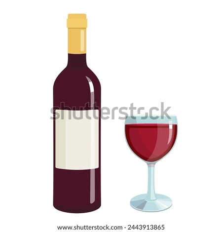 Vector set of red wine isolated on white background, illustration of glass and bottle with red wine, alcoholic drink in flat style, bar menu design