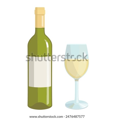 Vector set of white wine, isolated illustration of glass and bottle with white wine, alcoholic drink in flat style, bar menu design