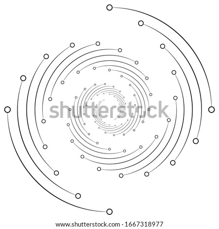 Plexus, wire-frame radial circles with nodes. Geometric spiral for technology, block chain, circuit-like themes.Cycle rings design. Swirl, twirl, vortex concentric lines.Molecule, circuit illustration