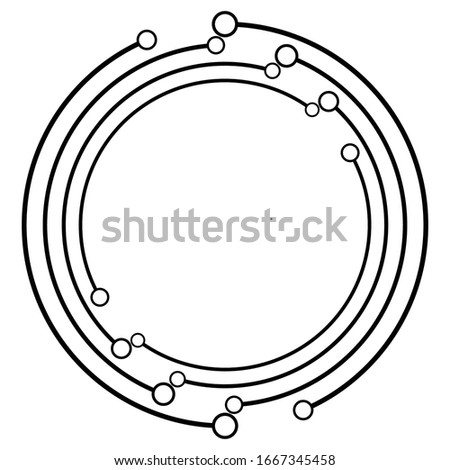 Plexus, wire-frame radial circles with nodes. Geometric spiral for technology, block chain, circuit-like themes.Cycle rings design. Swirl, twirl, vortex concentric lines.Molecule, circuit illustration