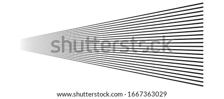 Lines, stripes in perspective. 3d strips vanishing, diminishing to horizon. Angle burst radial lines. Straight, parallel, horizontal streaks