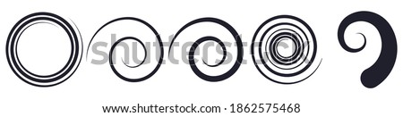 Abstract spiral, twist. Radial swirl, twirl curvy lines element. Circular, concentric loop-hook. Revolved whirl design shape, Whirlwind, whirlpool illustration. Radiating volute, whirligig, curlicue