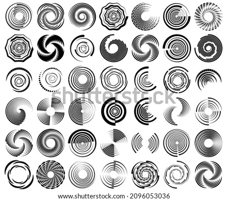 Spiral, swirl, twirl, vortex icon, shape. Concentric circles, rings. Abstract geometric shapes with rotation effect