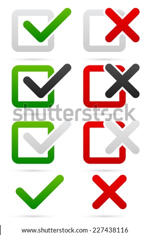 Stylish checkmark and cross set with green, red and grey colors - For Correct, incorrect, aggree, disaggree, right, wrong and include(d), exclude(d) concepts
