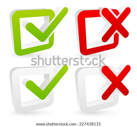 Stylish checkmark and cross set with green, red and grey colors - For Correct, incorrect, aggree, disaggree, right, wrong and include(d), exclude(d) concepts