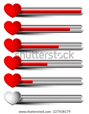 Rating elements with hearts - Liking, satisfaction, grading, dissatisfaction, bad experience, ~customer~ feedback or stamina, health points concepts #2 horizontal bar version