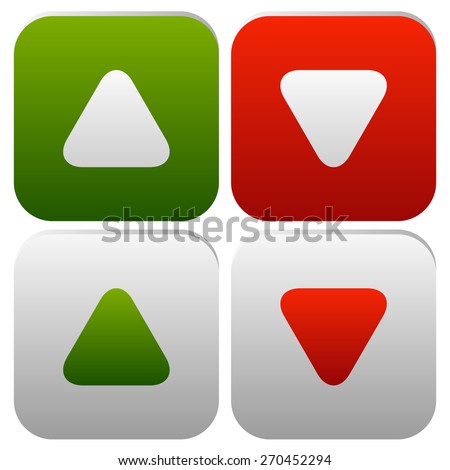 Rounded arrows, arrowheads up and down. Minimal Buttons or icons. Editable vector. Green, red and gray in colors.