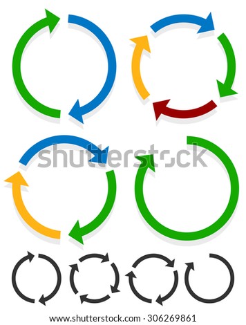 Circular arrows for recycle, repetition, rotation or cycle, synchronization, forward/backward concepts. Arrows in circle vector graphics.
