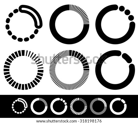 Preloader or buffer shapes, circular elements, symbols. User interface concept. Step, completion, phase, progress indicators, segmented circles.