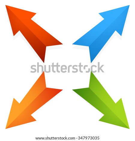 Colorful 4 way diagonal arrows pointing outwards. Vector.