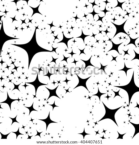 Random, scattered 4-pointed stars placed densely. Monochrome pattern / background, decoration template