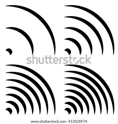 Signal shapes, generic quarter circles, bent lines with different density for emission, radiation, transmission, aerial-wireless connection concepts