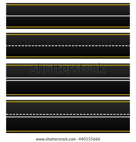 Set of 4 road, highway, roadway shapes. Dashed and straight lines isolating lanes. Empty roads. Vector illustration.