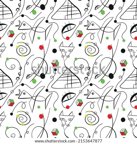 Surrealistic, hand drawn vector pattern inspired by Juan Miro. Аbstract shapes, eyes, cats, bird. Black and white with green, red and yellow elements. Spiral, cube. For the design of textil, wrapping