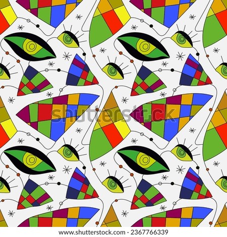 Seamless pattern with funny eyes inspired by Juan Miro. A line, circles, abstract shapes. the mood of the holiday, humor, carnival. Colored pieces. For textiles, invitations, wrapping paper, wallpaper