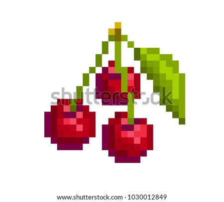 3 red appetizing cherries with leaf  isolated on white background, pixel art icon. Old school 8 bit slot machine pictogram. Square grid illustration. Fruit emblem. Retro 80s,90s video game graphics.