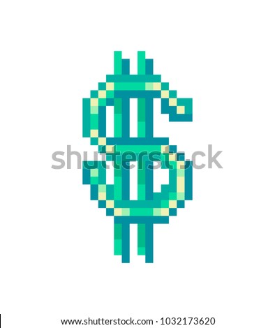 Green shiny dollar sign, pixel art icon isolated on white background. Bank icon. American money investment symbol. Payment sign. 8 bit slot machine jackpot pictogram. Retro 80s,90s video game graphics