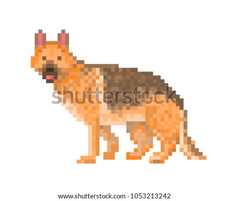 Purebred German Shepherd dog, pixel art character isolated on white background. Big trained police guard sheepdog mascot. Old school 8 bit slot machine icon. Retro 80s; 90s video game graphics.