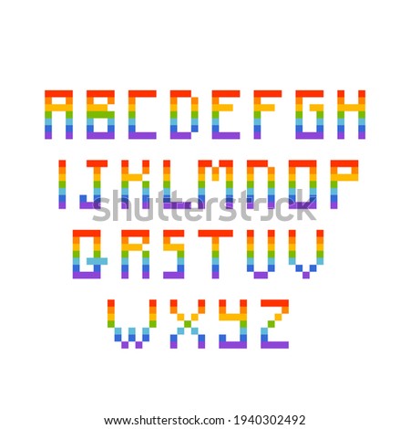 Pixel art latin alphabet, capital letters. All caps 8 bit rainbow font isolated on white background. Old school vintage retro 80s-90s slot machine, 2d video game graphics typeface.