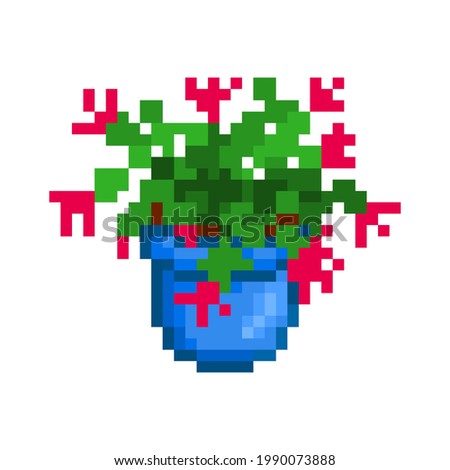 Schlumbergera in a blue pot, pixel art icon isolated on white background. 8 bit decorative houseplant. Home, office, room interior element. Old school vintage retro slot machine, video game graphics.