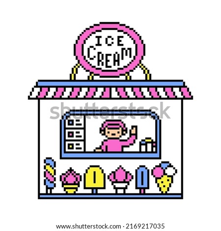 Pixel art ice cream kiosk, parlor, restaurant building isolated on white background. Desserts to go. Old school retro 80's-90's 8 bit slot machine, video game graphics. Street food place. Fair cafe. Stok fotoğraf © 