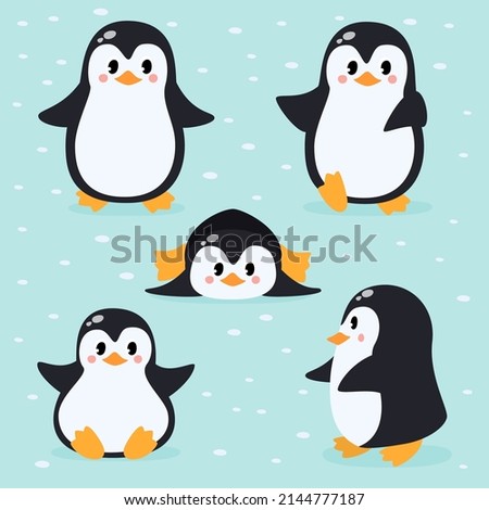Vector set of cute funny penguins. Cartoon illustration. Christmas cute penguin characters.