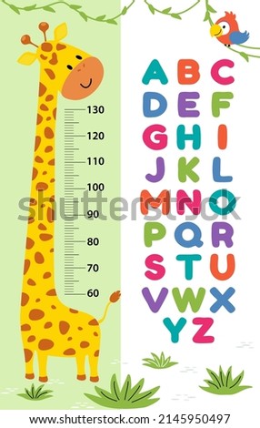 Meter wall or height chart with cute giraffe alphabet. Vector illustration. Children's poster. Decor for a children's playroom.