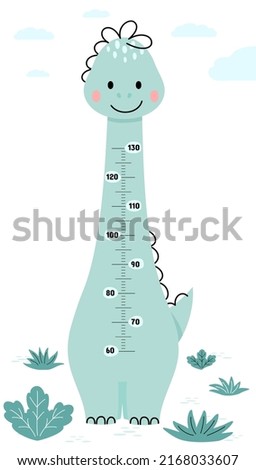Meter wall or height chart with cute dinosaur. Children's poster. Decor for a children's playroom. Cute vector illustration in flat cartoon style.