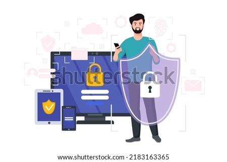 Cyber safety cyber security and privacy concept. Man holding online protection shield as symbol of defense and secure. Person defending and protecting data. Vector illustration.