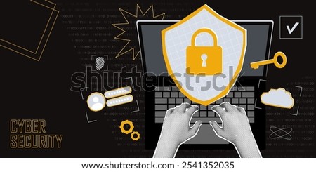 Concept of cybersecurity and personal data protection. Shield with digital lock. Trendy pop art collage search concept. Laptop computer and Halftone hands. Modern retro textured vector illustration