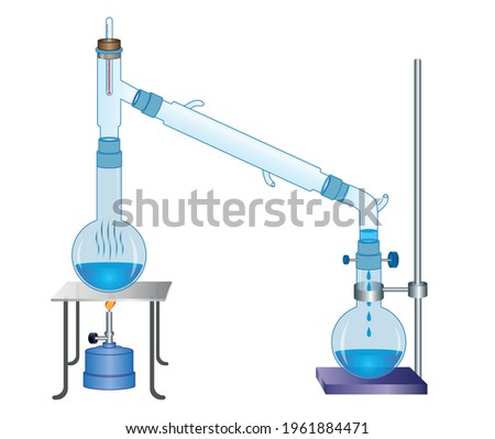 Distillation vector illustration. Drawing with boiling and concentrator bottles and equipment.