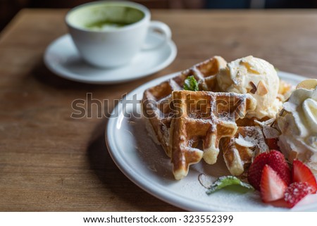 Strawberry Banana Waffle (selective focus on front piece of waffle only)