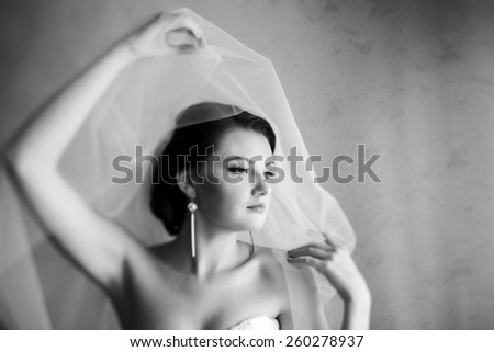 portrait of young woman in wedding dress posing with bridal veil