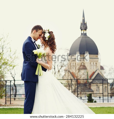 gentle stylish bride and groom posing on the background the beautiful architecture