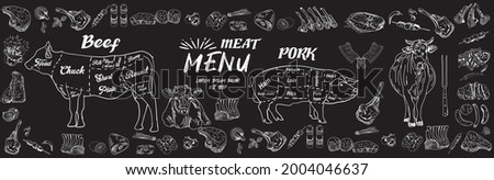 Vintage Butcher shop hand-drawn on a black chalkboard background. Butchery Cow Food Chalk Board Shop. Retro Menu Restaurant poster. Vector.