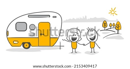 Stick figures. Mobile home for country and nature vacation. Road home Trailer. Recreational vehicle. Camping caravan car. Holiday trip concept. 