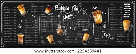 Bubble milk tea, Pearl milk tea , Different sorts of Boba. Yummy drinks. Ads with delicious tapioca. Restaurant cafe menu, template design.