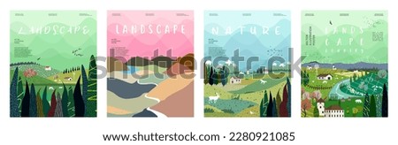 Beautiful countryside, nature and landscape. Vector illustration of mountains, trees, plants, fields and farms. Editable work for cover or card designs.