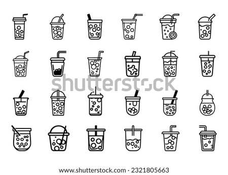 Boba or bubble milk tea drink icons. Pack of bubble milk tea icons on white background. Trendy beat signs for website, apps and UI. Flat design outline for logo, icon and design.