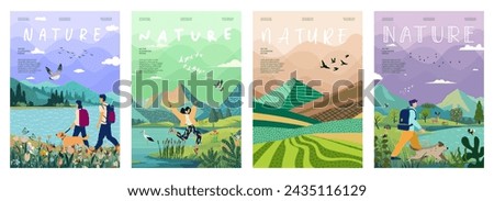 nature and landscape. Vector illustration of mountains, trees, plants, fields and animals. For prints, cover or card designs, art decoration.