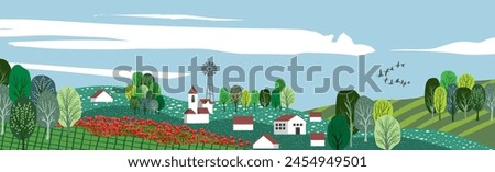 Beautiful countryside, nature and landscape. Vector illustration of mountains, trees, plants, fields and farms. Editable work for cover or card designs.