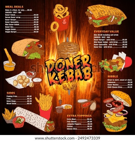 German Doner Kebab Hand drawn vector illustration. Making doner kebab and kebab ingredients. Fast food design elements. Restaurant cafe poster, menu template design.