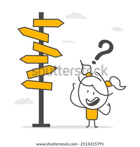 businesswoman is confused as she looks at multiple road signs and wonders which way to go. Concepts of making business decisions, career path, work direction or choosing the right path to success.