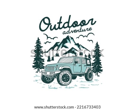 Adventuring jeep car and mountain ilustration