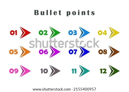 Colorful bullet points arrows, numbers from 1 to 12. Infographics. Vector design.