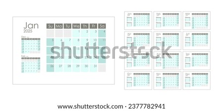 Calendar 2025 template.  Week starts on Sunday. With previous and next month miniature. Graphic design. Vector illustration.