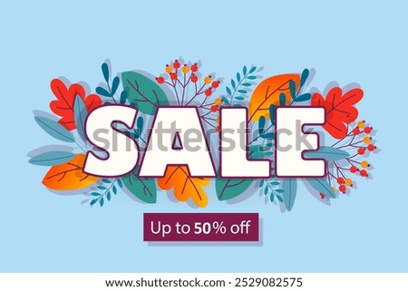 Autumn Sale banner with colorful leaves. Up to 50% off. Vector design.